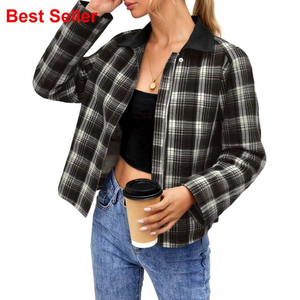 Cropped Plaid Jacket With Pockets, Lightweight Flannel Zip-Up Casual Coat